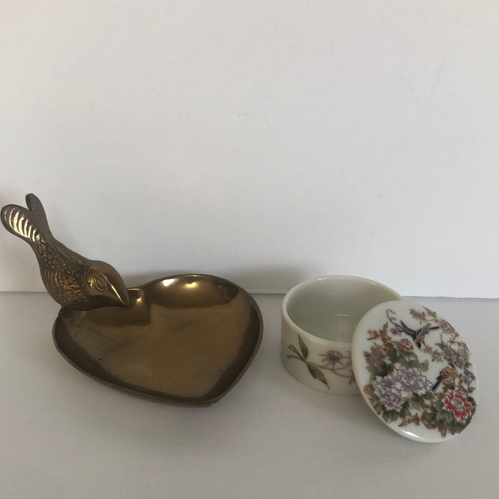 Brass Heart Shaped With Bird Trinket Dish and Small Round Trinket Box With Lid